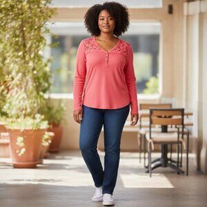Colt Story Women's Long Sleeve V Neck Pink Buttons Lace Details T-Shirt PLUS 2XL